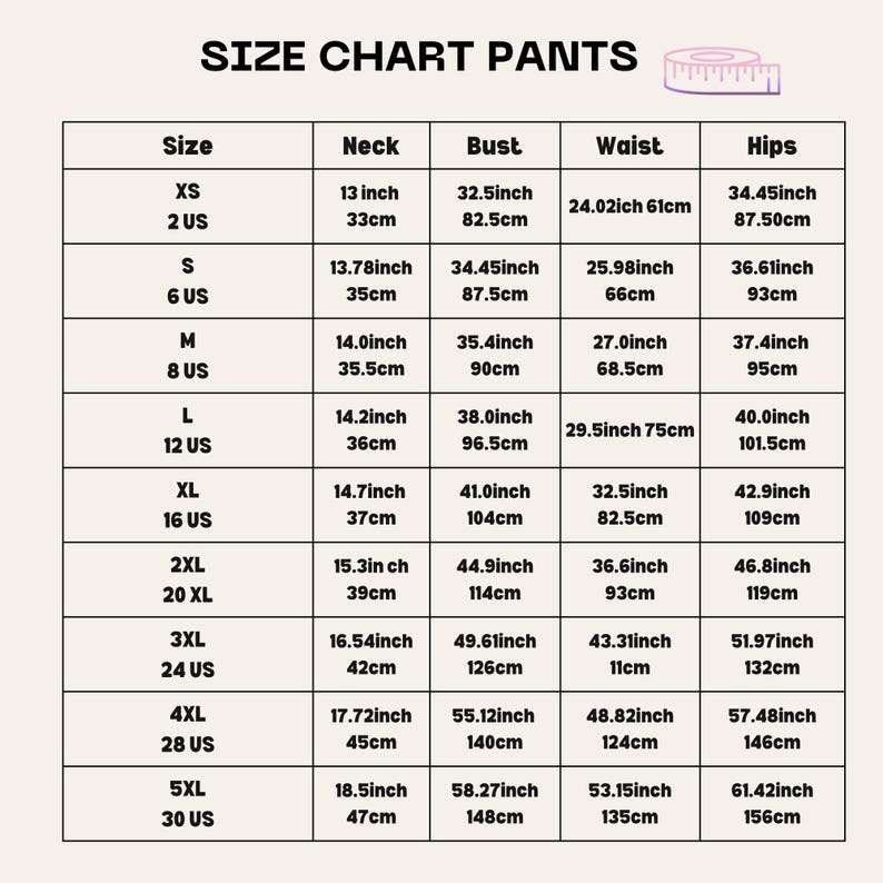 Peut inclure: Un tableau des tailles de pantalons avec des mesures en pouces et en centim&egrave;tres. Le tableau comprend les tailles XS &agrave; 5XL, avec les mesures du cou, de la poitrine, de la taille et des hanches. Une illustration de m&egrave;tre ruban est en haut &agrave; droite.
