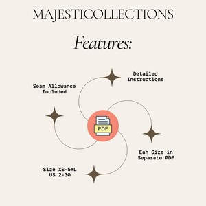 May include: Cream-colored graphic with the text "MAJESTICOLLECTIONS" and "Features:". The image highlights features like seam allowance, detailed instructions, and size range XS-5XL (US 2-30). A PDF icon is in the center.