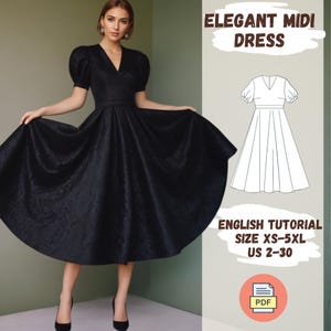 Elegant Black Bishop Sleeve Party Dress | Timeless V-Neck Full Skirt Design | Sewing Dress | XS-5XL Pattern