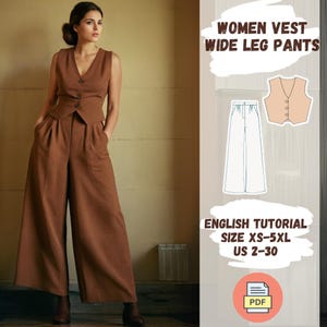 Puede incluir: Un patrón de costura para pantalones anchos y chaleco en marrón con un tutorial en inglés. El patrón incluye las tallas XS-5XL (ES 34-52). El patrón está disponible para descargar en PDF.
