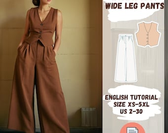 Set Wide Leg Pants and Women’s Vest Sewing Pattern PDF, XS-5XL Sizes, Linen Vest, Pallazzo Pants, US 2-30, Tutorial Sewing Pattern