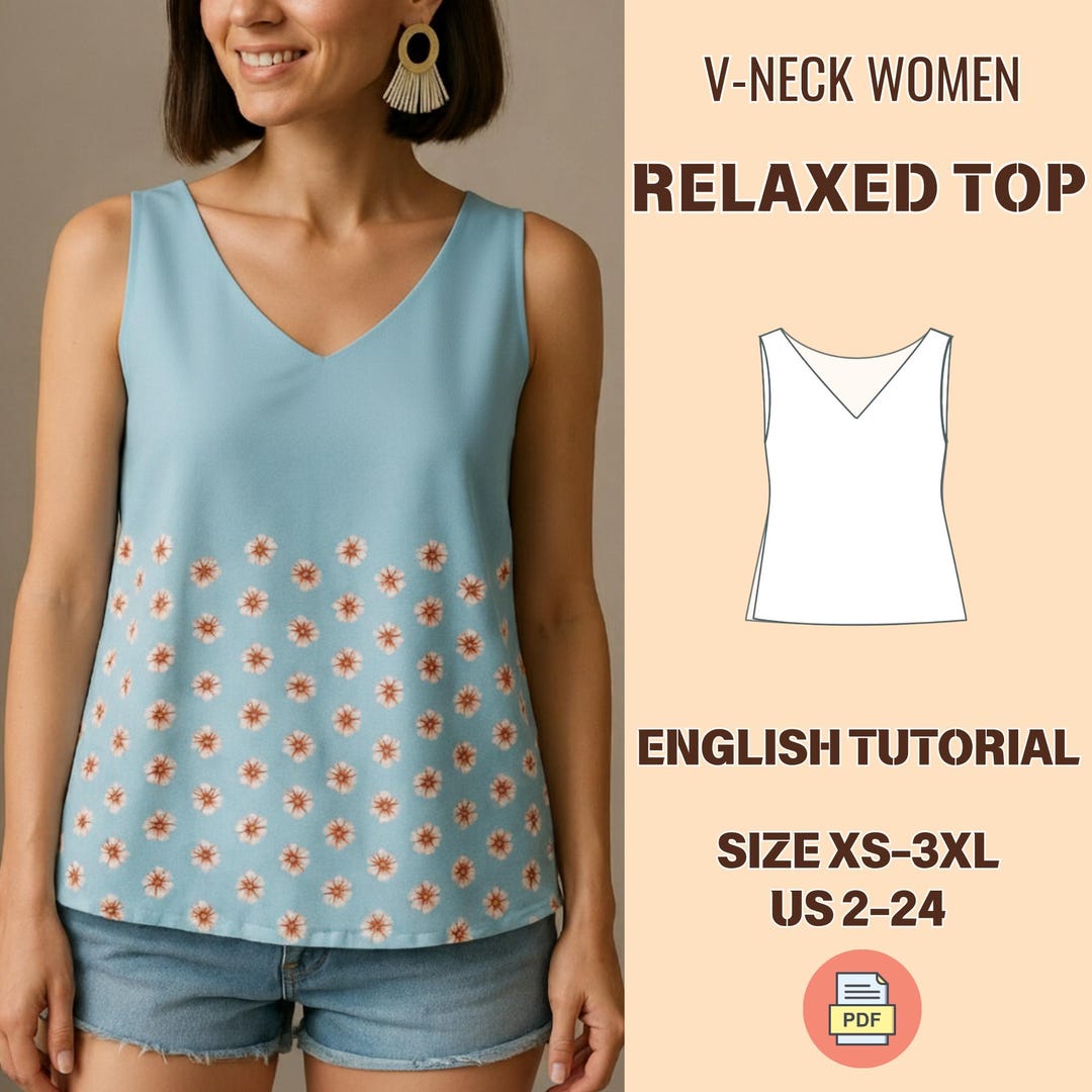 Pattern Relaxed V-neck Top Sewing Pattern β Relaxed Fit PDF, Sleeveless Summer Blouse ...