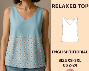 V-Neck Top Sewing Pattern – Relaxed Fit PDF, Sleeveless Summer Blouse, XS-3XL