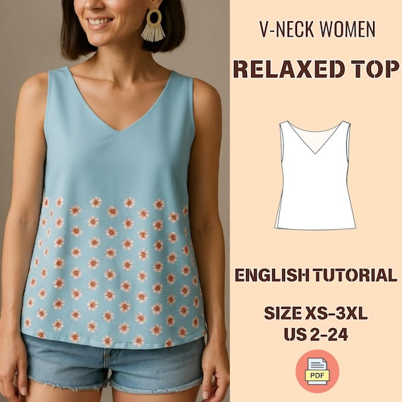 V-Neck Top Sewing Pattern – Relaxed Fit PDF, Sleeveless Summer Blouse, XS-3XL