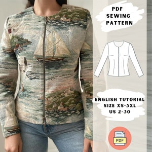 May include: A long-sleeved jacket with a nautical tapestry design featuring sailboats, a lighthouse, and coastal scenery. The jacket has a zipper closure and is paired with blue jeans. The image also includes a PDF sewing pattern.