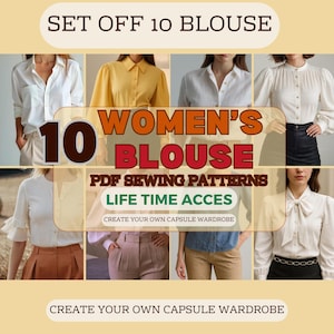 Pode incluir: Uma imagem mostrando uma coleção de blusas femininas em vários estilos e cores. A imagem inclui texto que diz "SET OFF 10 BLOUSE", "10 WOMEN'S BLOUSE", "PDF SEWING PATTERNS", "LIFE TIME ACCES" e "CREATE YOUR OWN CAPSULE WARDROBE".
