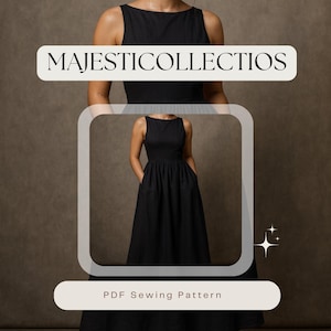 May include: A black sleeveless dress with a boat neckline and a full skirt. The dress has pockets and is shown on a model. The text "MAJESTICCOLLECTIOS" is at the top, and "PDF Sewing Pattern" is at the bottom.