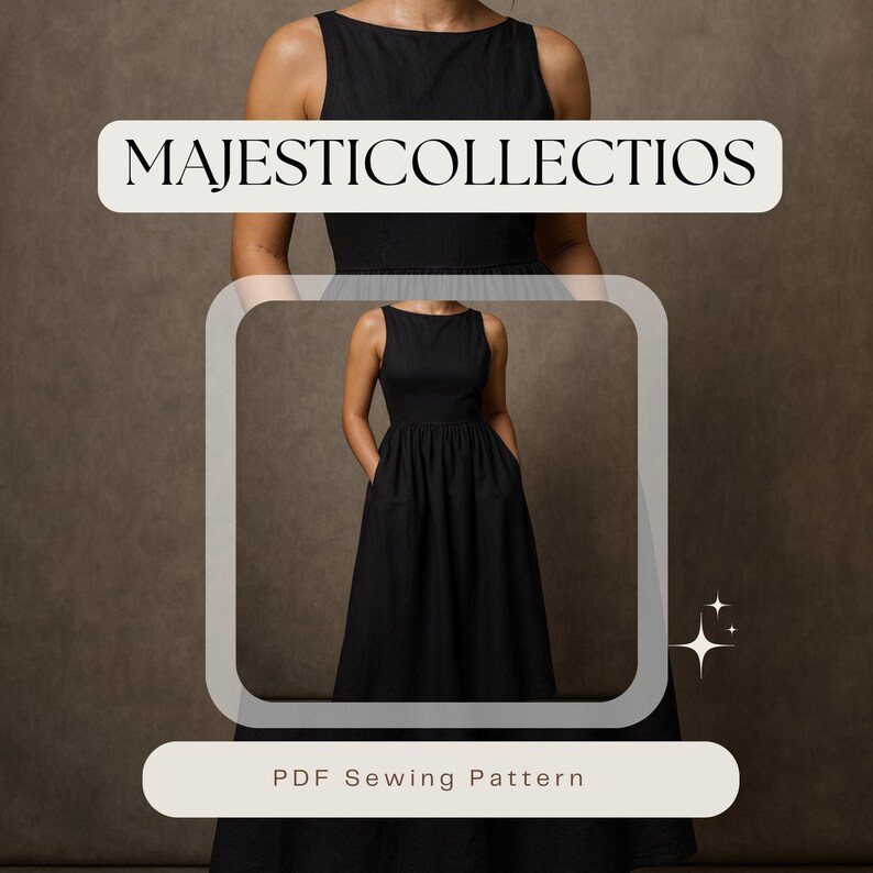 May include: A black sleeveless dress with a boat neckline and a full skirt. The dress has pockets and is shown on a model. The text "MAJESTICCOLLECTIOS" is at the top, and "PDF Sewing Pattern" is at the bottom.