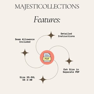 May include: Diagram showing features of a sewing pattern. The features include detailed instructions, seam allowance included, sizes XS-5XL, US 2-30, and each size in a separate PDF.
