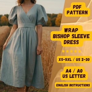 Könnte beinhalten: Ein PDF-Schnittmuster für ein Wickelkleid mit Bischofärmeln. Das Schnittmuster enthält Anleitungen in englischer Sprache und ist in den Größen XS-5XL (deutsche Größen 32-48) erhältlich. Das Schnittmuster wird auf A4- oder A0-Papier gedruckt.