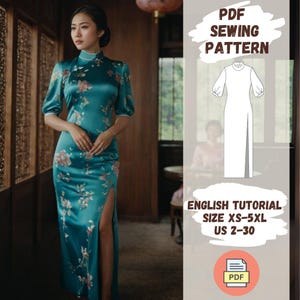 May include: PDF sewing pattern for a teal satin dress with floral embroidery and a side slit. The dress has a mandarin collar and 3/4 sleeves. The pattern includes sizes XS-5XL and US sizes 2-30. English tutorial included.