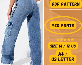 Trousers with Decorative Zippers, cargo pants women, sewing pants, pdf pattern, Y2K Jeans