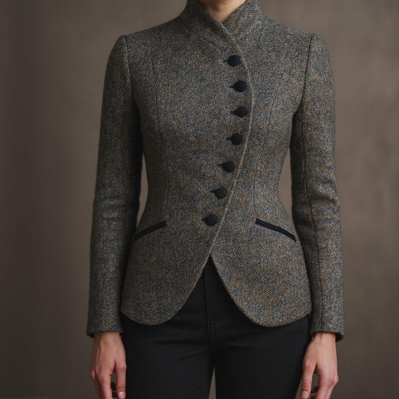 May include: A tailored tweed jacket in shades of gray, brown, and blue. The jacket features a high collar, a series of black buttons, and black trim on the pockets. The jacket is worn with black pants.
