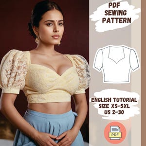 May include: PDF sewing pattern for a yellow crop top with puffed sleeves. The pattern includes an English tutorial and is available in sizes XS-5XL (UK 6-24).