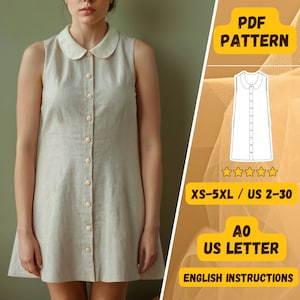 May include: A PDF sewing pattern for a sleeveless dress with a collared neckline and button closure. The pattern is available in sizes XS-5XL and US sizes 2-30. The pattern includes English instructions and is printed on A0 US letter paper.