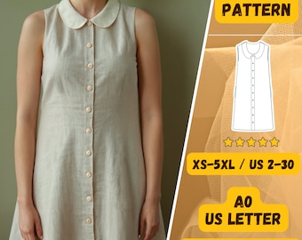 Peter Pan Collar Mini Dress | Linen Sleeveless Dress | PDF Sewing Pattern  | Trapeze Dress Pattern | Babydoll Dress | INSTANT DOWNLOAD