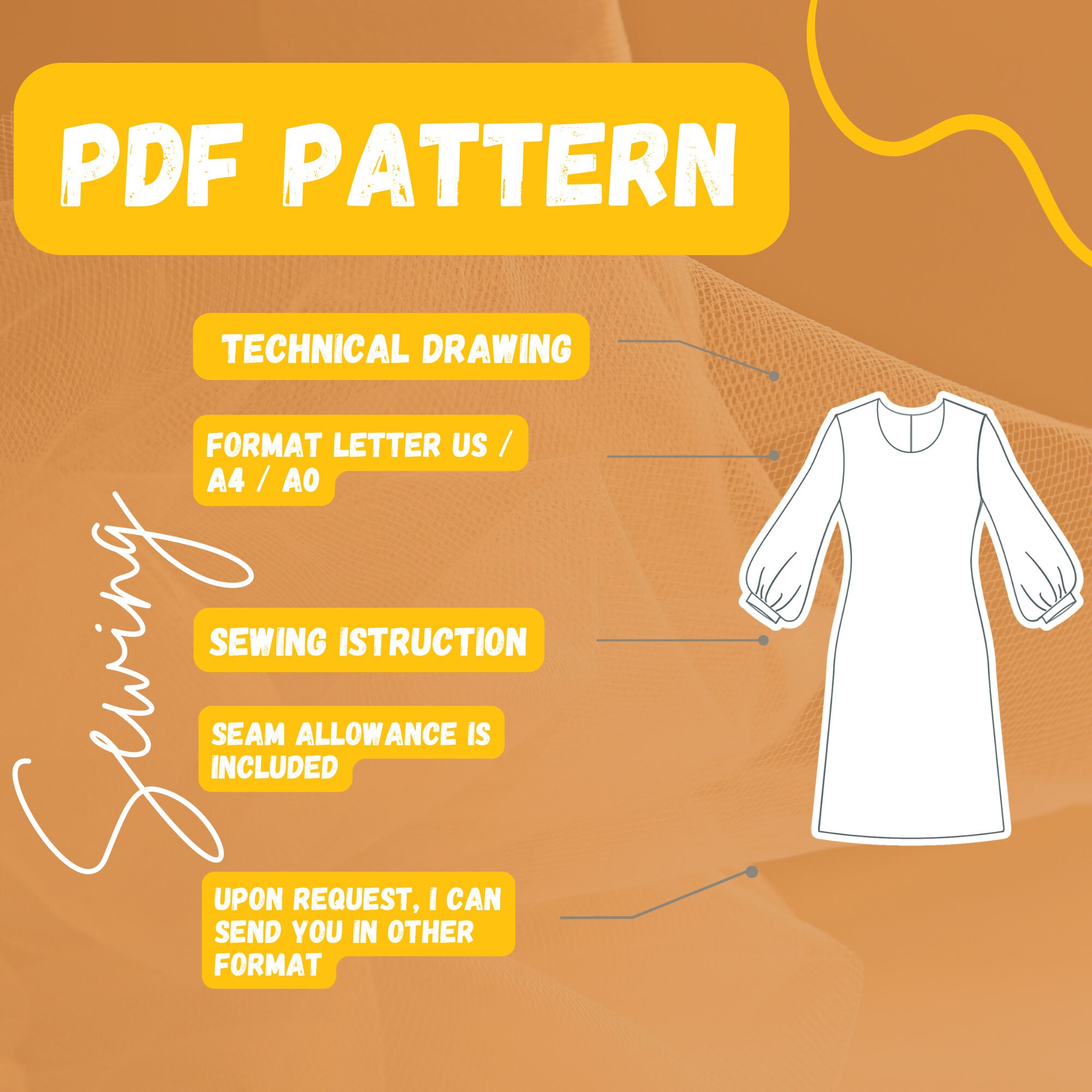 Bishop Sleeve Dress PDF Sewing Pattern | Round Neck Linen Dress | Sizes ...