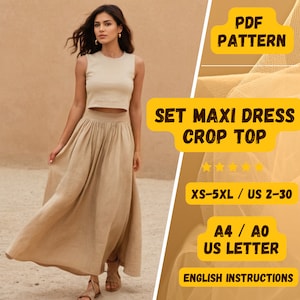 Set Linen Maxi Skirt Crop Top  PDF Sewing Pattern, Pockets Skirt, Gathering Skirt, Sleeveless Top, Minimalist Summer Set Bundle