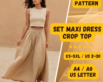 May include: PDF sewing pattern for a maxi dress and crop top set. The pattern includes instructions in English and is available in sizes XS-5XL (US sizes 2-30). The pattern is printed on A4, A0, or US Letter paper.