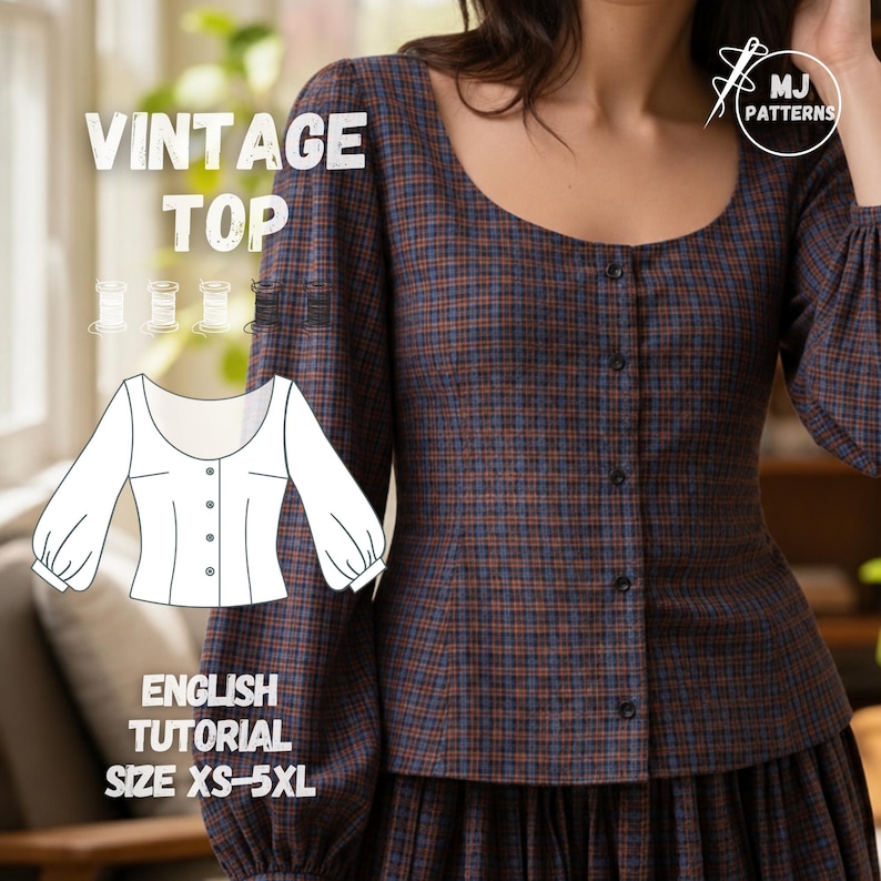 May include: A vintage top in a blue and brown plaid pattern. The top has a scoop neckline, long sleeves, and a button-down front. The image includes the text "VINTAGE TOP", "ENGLISH TUTORIAL", and "SIZE XS-5XL". A line drawing of the top is also shown.