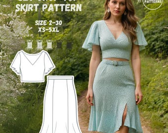 Two-piece Skirt Crop Top Ruffle Sleeves, Waist Band Skirt, Summer