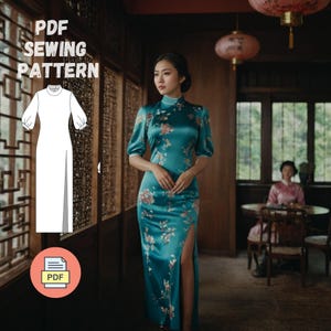 May include: A PDF sewing pattern for a long, white dress with a high neck and a slit up the front. The dress has long sleeves with a slight puff at the shoulder. The pattern is shown next to a woman wearing a teal blue satin dress with floral embroidery. The dress has a high neck, long sleeves, and a slit up the front. The woman is standing in a room with traditional Chinese decor.