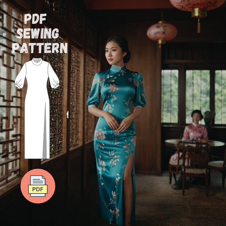 May include: A PDF sewing pattern for a long, white dress with a high neck and a slit up the front. The dress has long sleeves with a slight puff at the shoulder. The pattern is shown next to a woman wearing a teal blue satin dress with floral embroidery. The dress has a high neck, long sleeves, and a slit up the front. The woman is standing in a room with traditional Chinese decor.