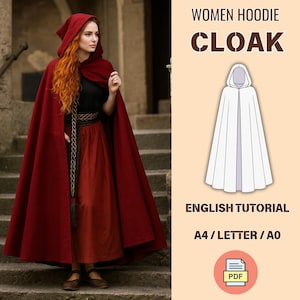 Puede incluir: Una persona con una capa roja con capucha y una falda larga roja. La capa tiene una capucha y llega hasta el suelo. La imagen también incluye un diagrama de la capa y el texto "WOMEN HOODIE CLOAK".
