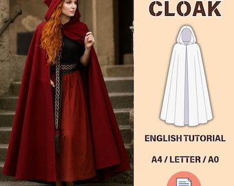 Cloak Women Sewing PDF pattern, Medieval Cape, Wizard Cloak, Halloween Hoodie Cloak, Cosplay Pattern for Beginners,  PDF