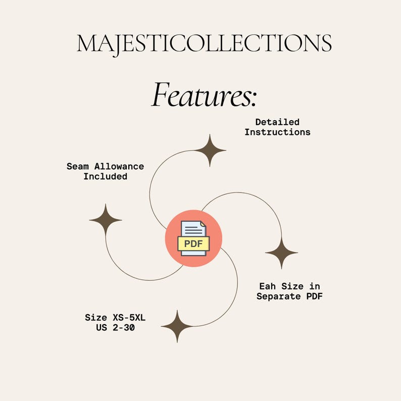 May include: A graphic with the text "MAJESTICOLLECTIONS" and "Features:". The image highlights features like "Seam Allowance Included", "Detailed Instructions", and "Size XS-5XL US 2-30". A PDF icon is in the center.