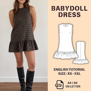 May include: A sewing pattern for a sleeveless babydoll dress with a drop-waist ruffle hem. The digital file includes an English tutorial, sizes XS-5XL, and formats for A4, A0, US Letter, and projector. The design features a brown plaid fabric.