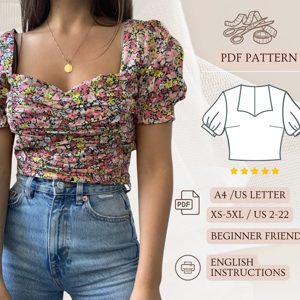 Sweetheart Neckline Crop Top Sewing Pattern, Crop Top Pattern, Beginner Sewing Patterns, Easy Sewing Pattern, PDF Sewing Pattern