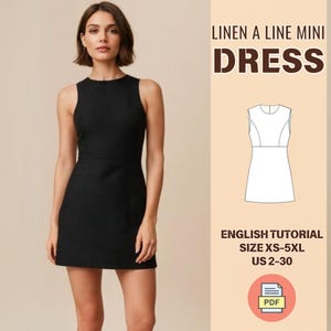 Könnte beinhalten: Ein Schnittmuster für ein Leinen-A-Linien-Minikleid. Das Schnittmuster enthält eine englische Anleitung und ist in den Größen XS-5XL (DE 32-50) erhältlich. Das Schnittmuster ist als PDF-Download verfügbar.