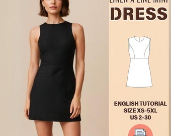 Linen A-Line Mini Dress Sewing Pattern PDF | Sleeveless Shift Dress | Simple Summer Dress | Sizes XS-5XL | US 2-30 | Instant Download