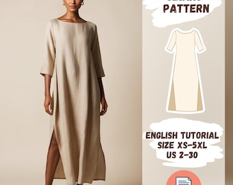 Long Linen Dress Sewing Pattern | Slits Dress | Boat Neck Dress, Trapeze Dress | PDF Minimalist Maxi Dress