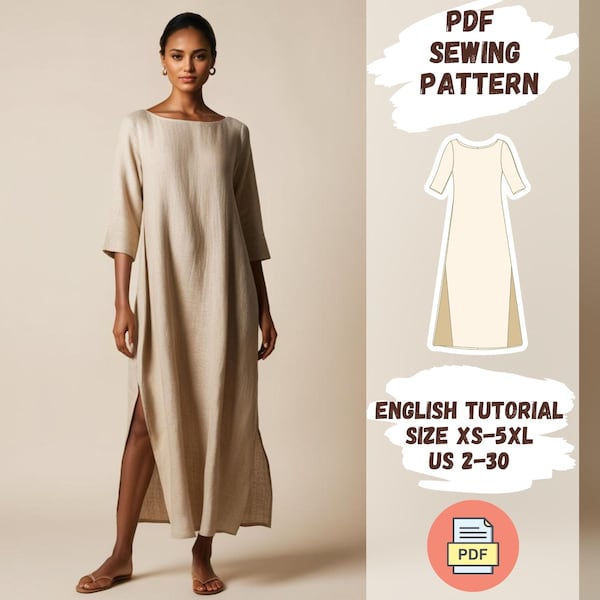 Long Linen Dress Sewing Pattern | Slits Dress | Boat Neck Dress, Trapeze Dress | PDF Minimalist Maxi Dress