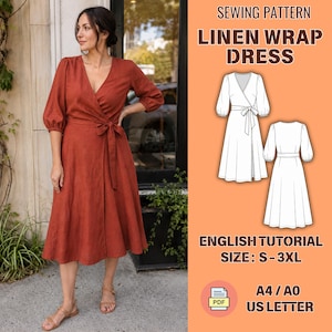 Könnte beinhalten: Ein rostfarbenes Wickelkleid aus Leinen mit V-Ausschnitt und Bindegürtel wird gezeigt. Das Kleid hat Dreiviertelärmel. Das Bild enthält auch eine Schnittmustergrafik mit dem Text "SEWING PATTERN LINEN WRAP DRESS ENGLISH TUTORIAL SIZE: S-3XL".