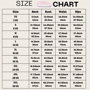 May include: Size chart for clothing with measurements in inches and centimeters. The chart includes sizes XS to 5XL, with corresponding neck, bust, waist, and hip measurements.