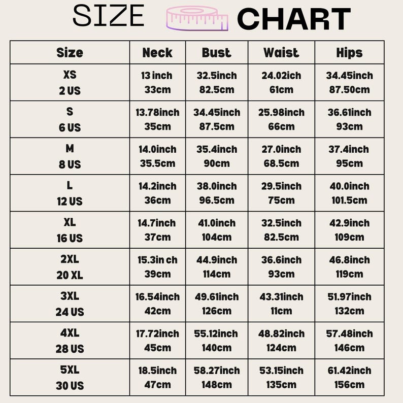 May include: Size chart for clothing with measurements in inches and centimeters. The chart includes sizes XS to 5XL, with corresponding neck, bust, waist, and hip measurements.