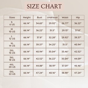 May include: Size chart for clothing with measurements in inches. The chart includes sizes S through 5XL, with corresponding measurements for height, bust, underbust, waist, and hip.