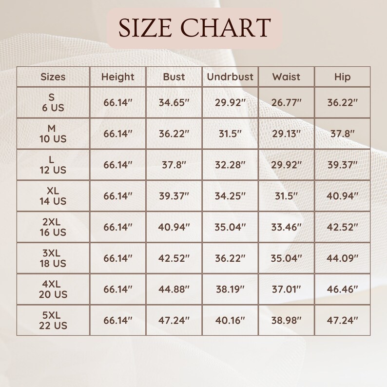 May include: Size chart for clothing with measurements in inches. The chart includes sizes S through 5XL, with corresponding measurements for height, bust, underbust, waist, and hip.