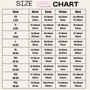 May include: Size chart for clothing with measurements in inches and centimeters. The chart includes sizes XS to 5XL, with corresponding neck, bust, waist, and hip measurements.