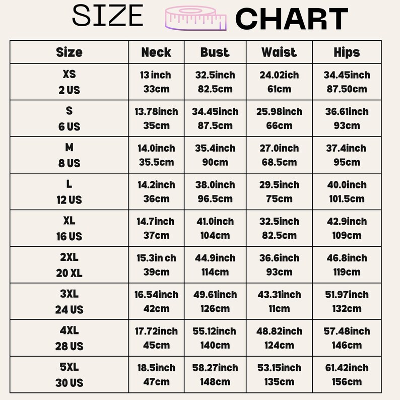 May include: Size chart for clothing with measurements in inches and centimeters. The chart includes sizes XS to 5XL, with corresponding neck, bust, waist, and hip measurements.