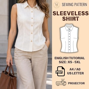 Sleeveless Button Blouse Sewing Pattern, Sizes XS-5XL (PDF Pattern)