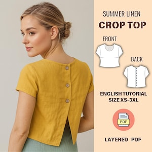 May include: Mustard yellow linen crop top with short sleeves and wooden buttons down the back. The image text reads "SUMMER LINEN CROP TOP" and "ENGLISH TUTORIAL SIZE XS-3XL".