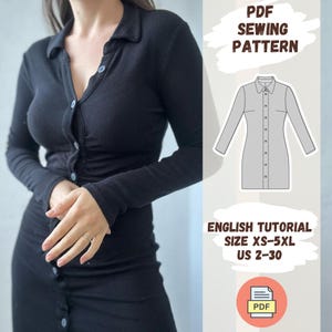 May include: A black long-sleeved button-up dress with a collared neckline. The dress is fitted and has a slightly flared skirt. The image includes a PDF sewing pattern for the dress, with instructions in English. The pattern is available in sizes XS-5XL (US 2-30).