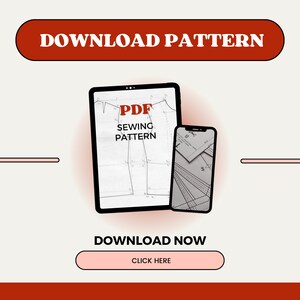 Puede incluir: Una ilustraci&oacute;n digital de una tableta y un tel&eacute;fono inteligente que muestran un patr&oacute;n de costura PDF. El texto en la tableta dice "Patr&oacute;n de costura PDF". El texto en el bot&oacute;n dice "Descargar ahora" y "Haga clic aqu&iacute;".
