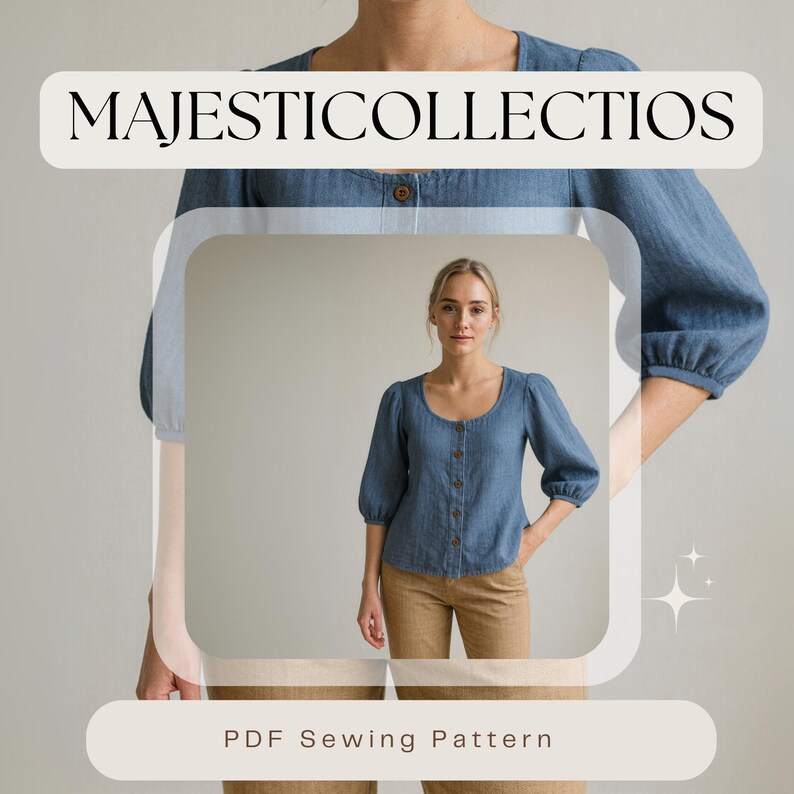 Bishop Sleeve Linen Top PDF Sewing Pattern XS–3XL | Scoop Neck Blouse ...