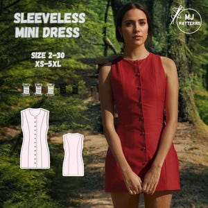 Puede incluir: Patrón de costura para un vestido mini sin mangas con cierre de botones en la parte delantera. El patrón está disponible en las tallas 2-30 y XS-5XL. La imagen muestra a una mujer usando una versión roja del vestido.