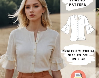 Ruffled Sleeve Blouse Sewing Pattern PDF - Button-Up Top Pattern XS-5XL - Women's Elegant Summer Top Flared Sleeve